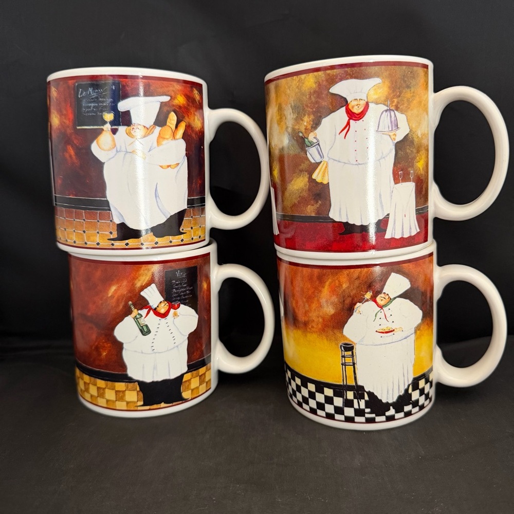 Set Of 4 Jennifer Garant AL DENTE Fat Italian Chef Coffee Mugs By Sakura Table